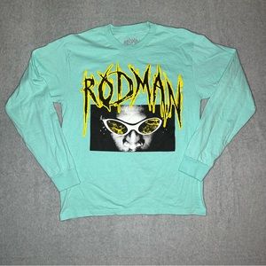 Rodman Longsleeve Tee Shirt Teal Spellout Double Graphic Worm Big Head